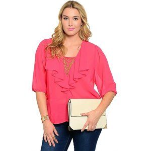 C.O.C. Ladies Sheer Top Pink Ruffled Embellished Waterfall Neckline Size 1XL  NW